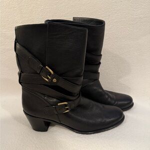 Stuart Weitzman Black Leather Dallas Stack Heeled Boots with Buckle Detail